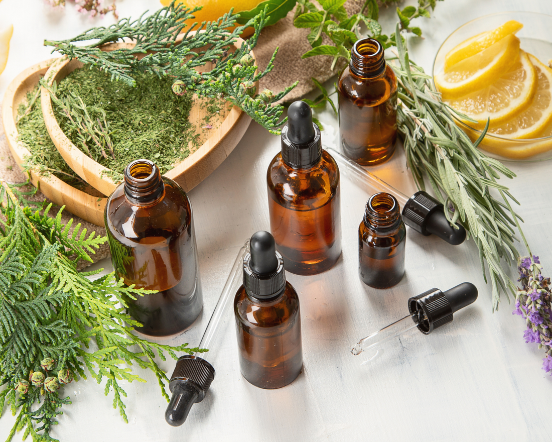 glass bottle tinctures with herbs surronding it 