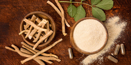 wooden bowl of ashwagandha roots next to a wooden bowl of powder, capsules and leaves