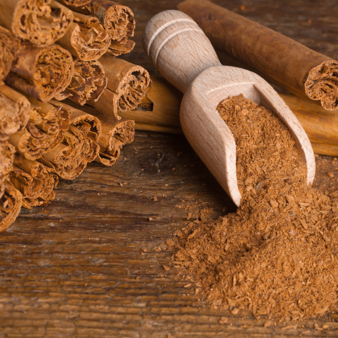 Stack of cinnamon stick with a wooden scoop full of ground cinnamon