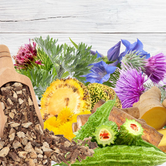 Stock images of plants, flowers, roots, and herbs against a light-colored wooden background.
