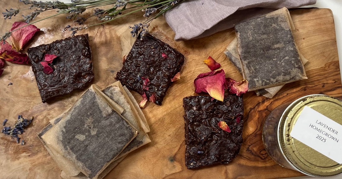 Finished lavender chocolate bars on a cutting board