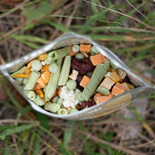 Aerial view of a bag full of freeze dried veggies