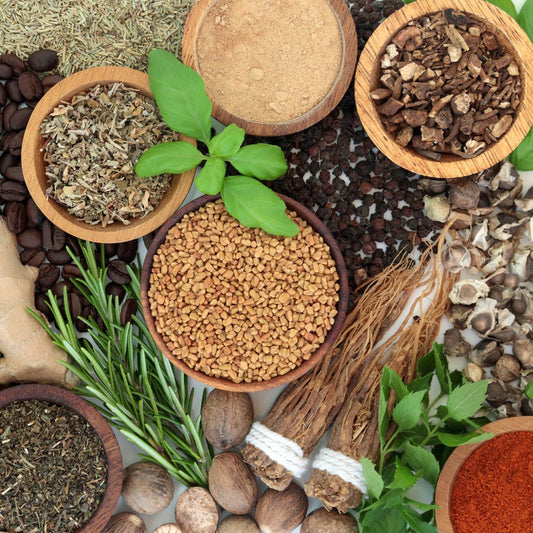 Various herbs on wooden bowls and spread around on a table. 