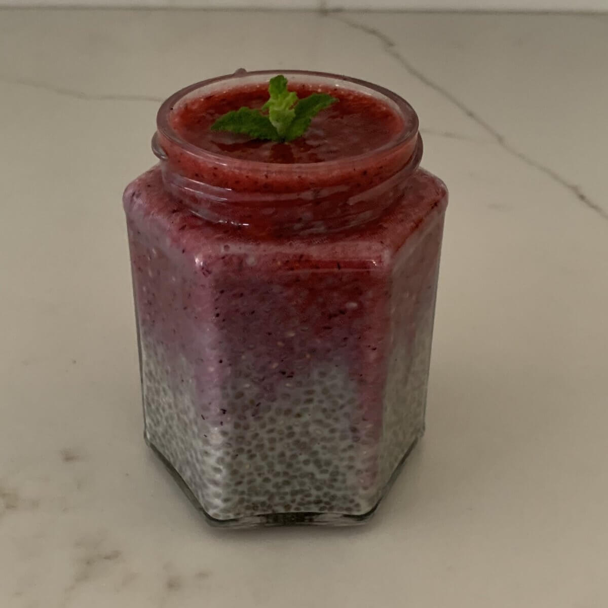 
          Container with chia seeds pudding very almos frozen with a mint leaf on the top.
        