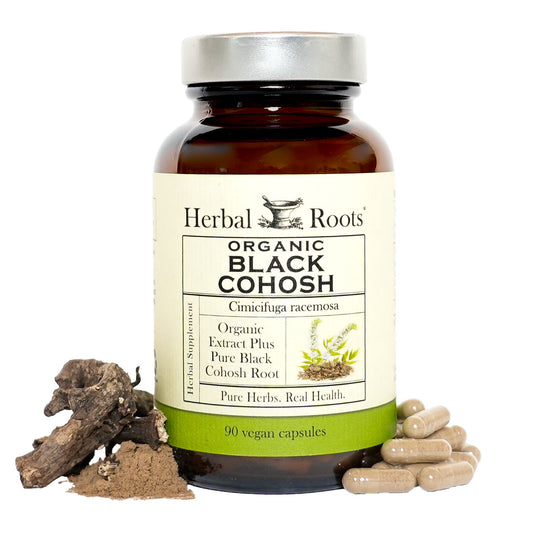 Bottle of Herbal Roots Organic Black Cohosh with root and capsules on a white background