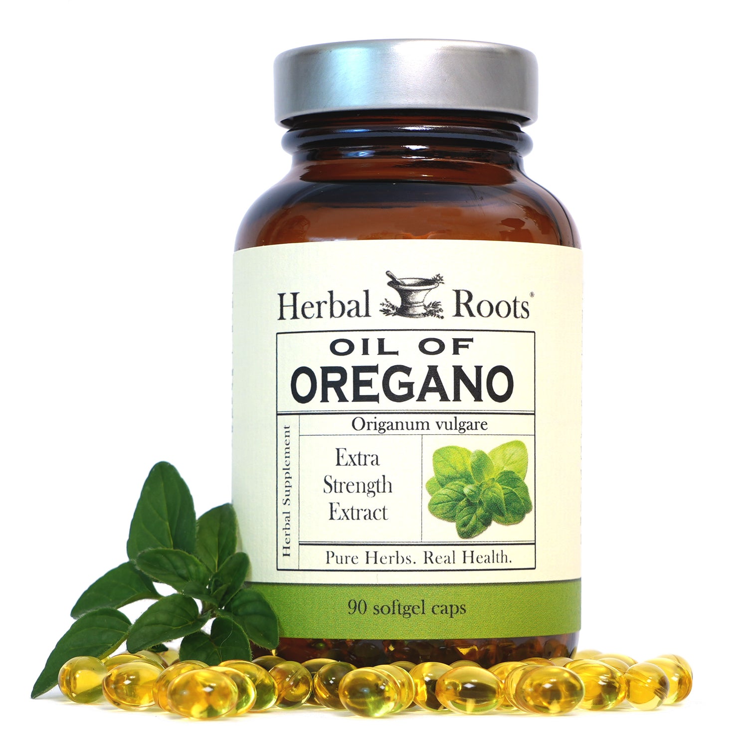 Bottle of Herbal Roots Oil of Oregano supplement