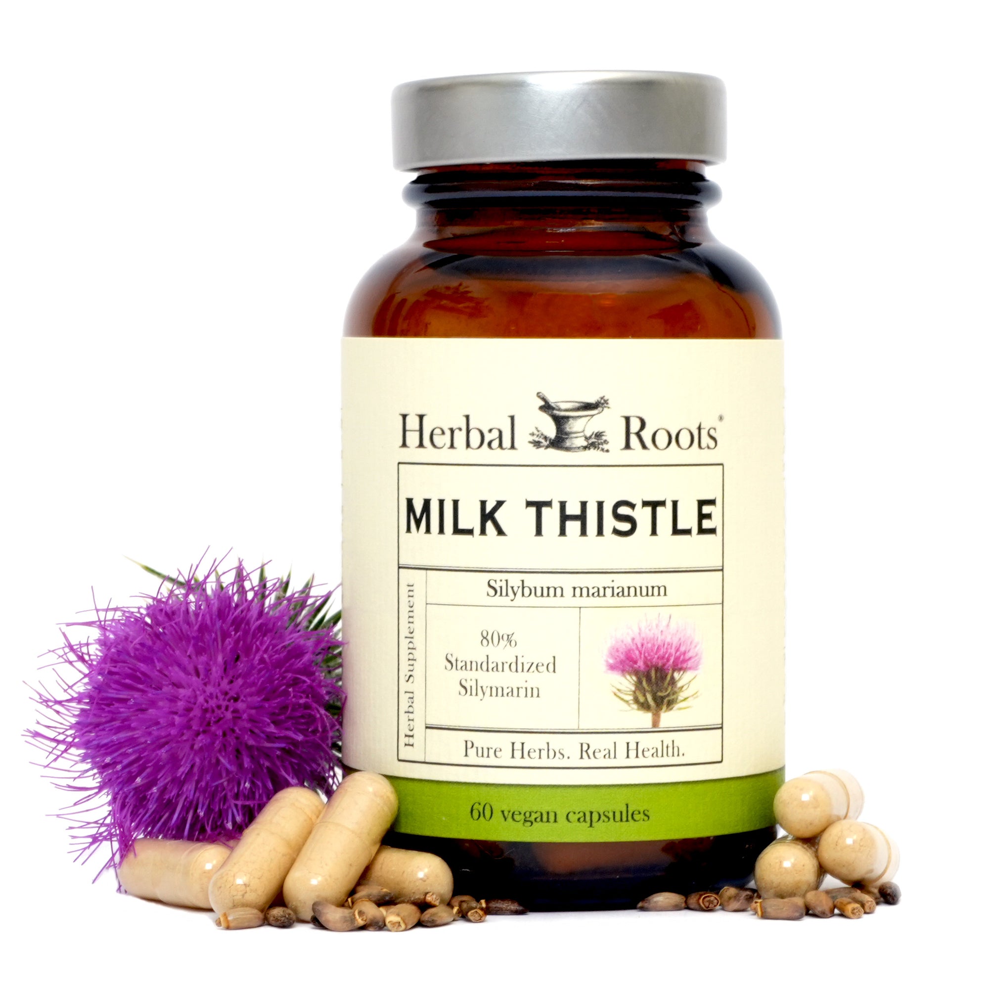 Bottle of Herbal Roots Milk Thistle with capsules and milk thistle seeds surrounding the bottle and a milk thistle flower on the left of the bottle