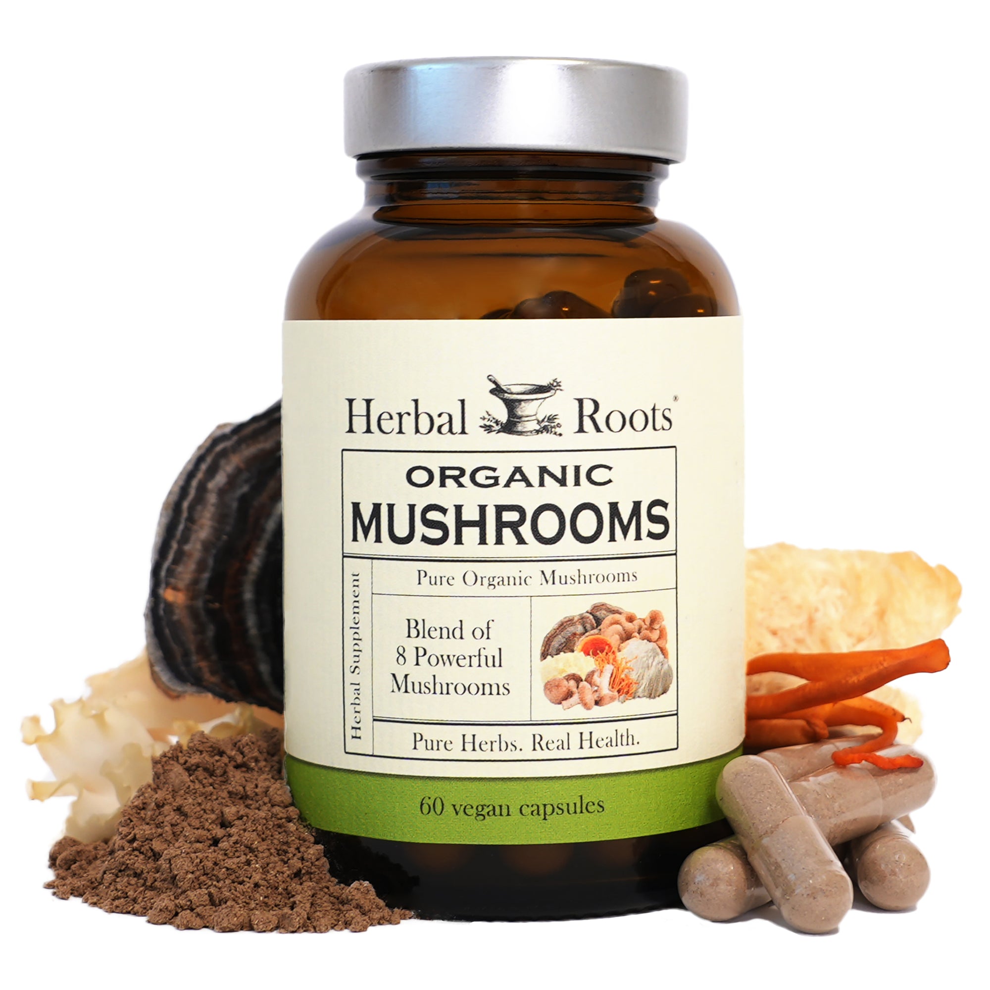Bottle of Herbal Roots Organic Mushrooms. The bottle is surrounded by a variety of mushrooms. There are a few capsules on the right and powder on the left