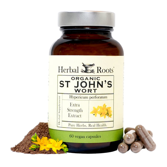 Bottle of Herbal Roots Organic St John's Wort Supplement