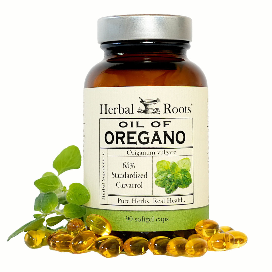 Bottle of Herbal Roots Oil of Oregano supplement