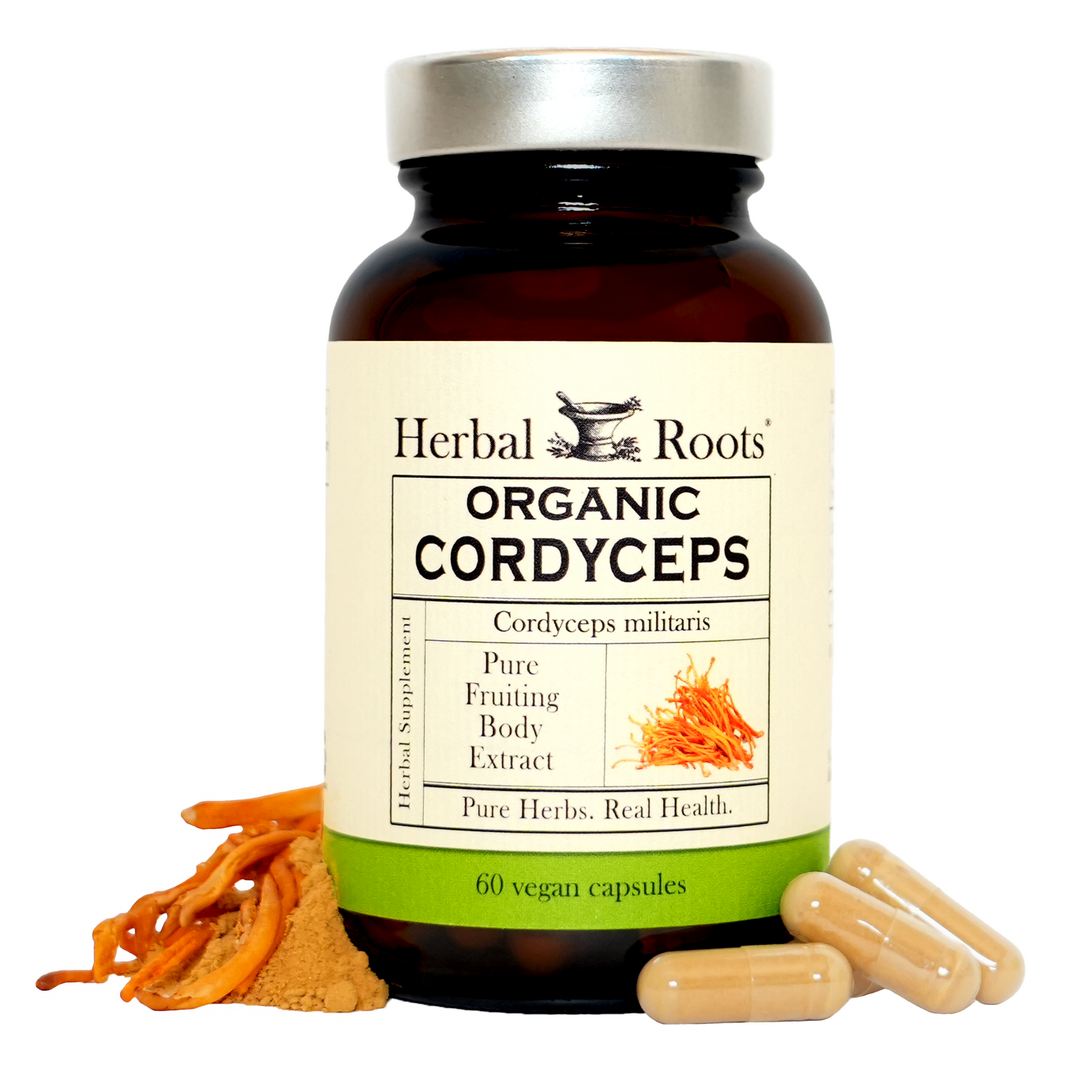 Bottle of Herbal Roots Organic Cordyceps with cordyceps powder left of bottle and capsules to right of bottle, on a white background