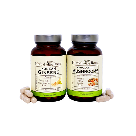 Bottle of Herbal Roots Korean Ginseng and Organic Mushrooms blend next to each other