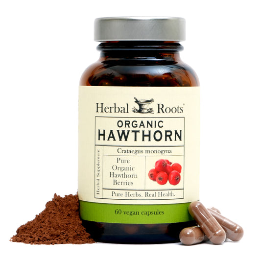 Bottle of Herbal Roots Pure Organic Hawthorn Berries supplement with 60 capsules, pills and powder on the sides of the bottle