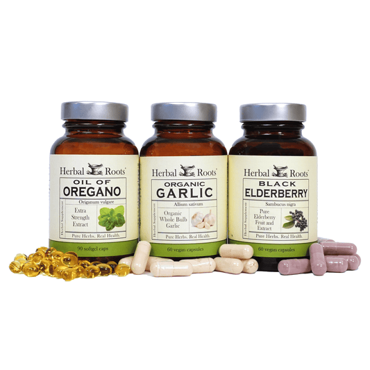 Bottles of Herbal Roots Immune Trio including Oil of Oregano, Black Elderberry and Organic Garlic.