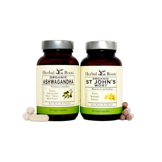 bottles of Herbal Roots organic Ashwagandha and organic St John's Wort 