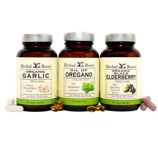 Bottles of Herbal Roots Immune Trio including Oil of Oregano, Black Elderberry and Organic Garlic.