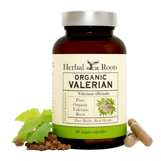 Bottle of Herbal Roots Organic Valerian with a white background
