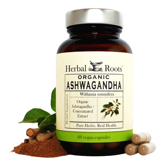 Bottle of organic ashwagandha with a few capsules on the right of the bottle and a small pile of ashwagandha root on the left of the bottle. The label on the bottle says Herbal Roots Organic Ashwagandha. Withania somnifera. Organic Ashwagandha + Concentrated extract. Pure Herbs. Real Health. 60 Vegan capsules.