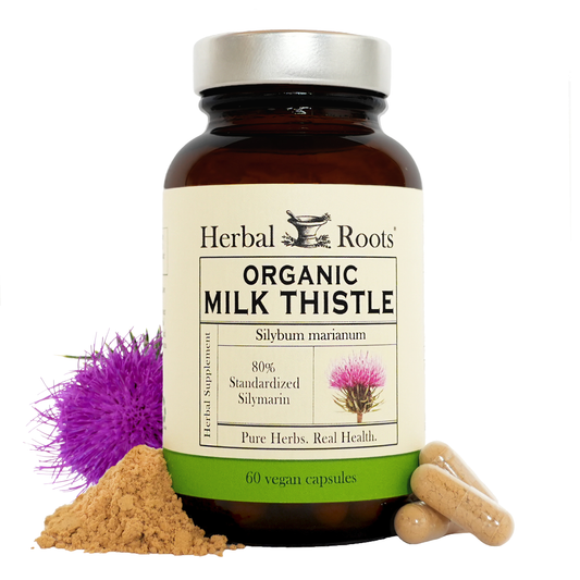 Bottle of Herbal Roots Organic Milk Thistle with capsules and milk thistle seeds surrounding the bottle and a milk thistle flower on the left of the bottle