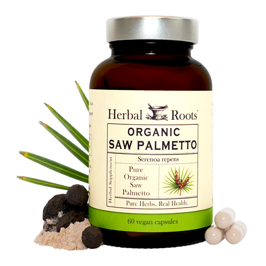 A bottle of Herbal Roots Organic Saw Palmetto with capsules to the right of the bottle and saw palmetto  powder and leaves to the left of the bottle.