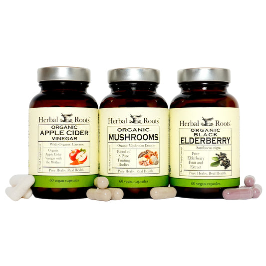 Bottles of Herbal Roots organic Apple Cider Vinegar, organic mushrooms blend and organic black elderberry