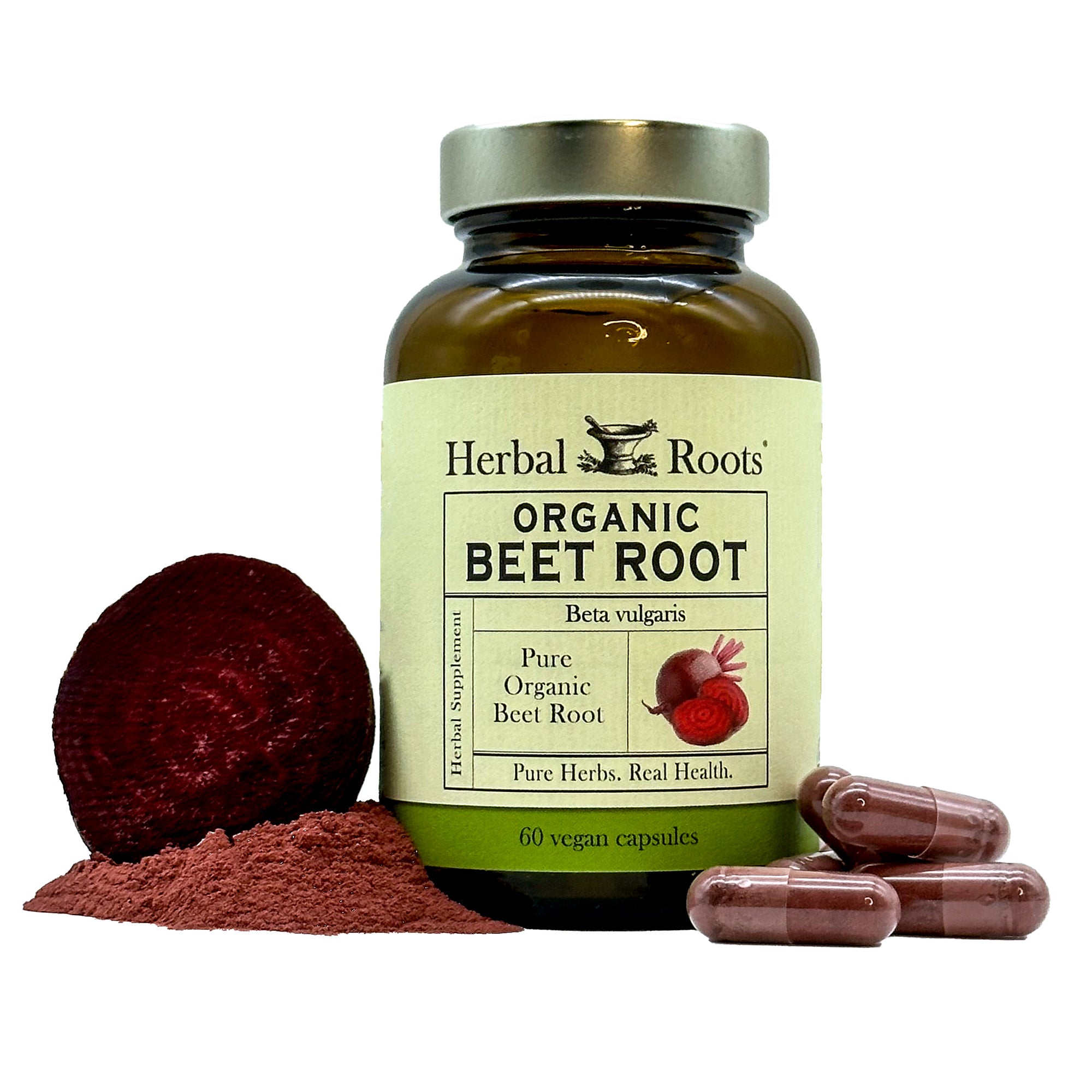Organic Beet Root capsules, gray lid and dark brown bottle