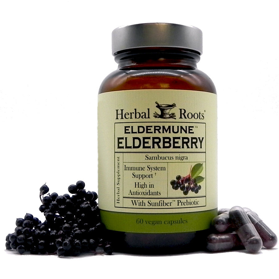 Eldermune with Sunfiber — elderberry herbal roots bottle, elderberry and capsules around it.